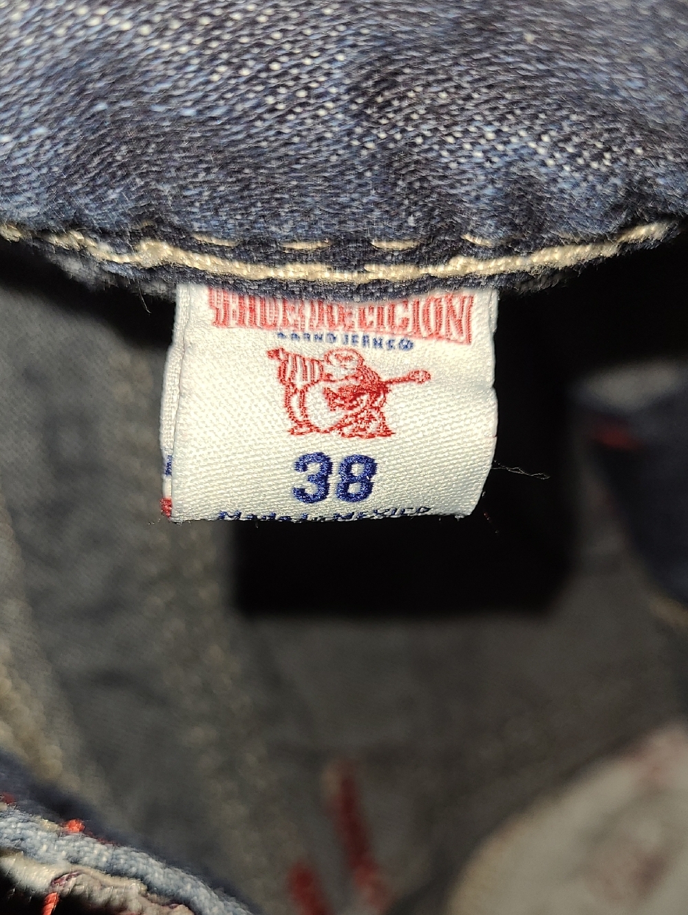 True Religion Dark Blue Straight Leg Jeans with Red Pocket Stitching - Picture 11 of 16